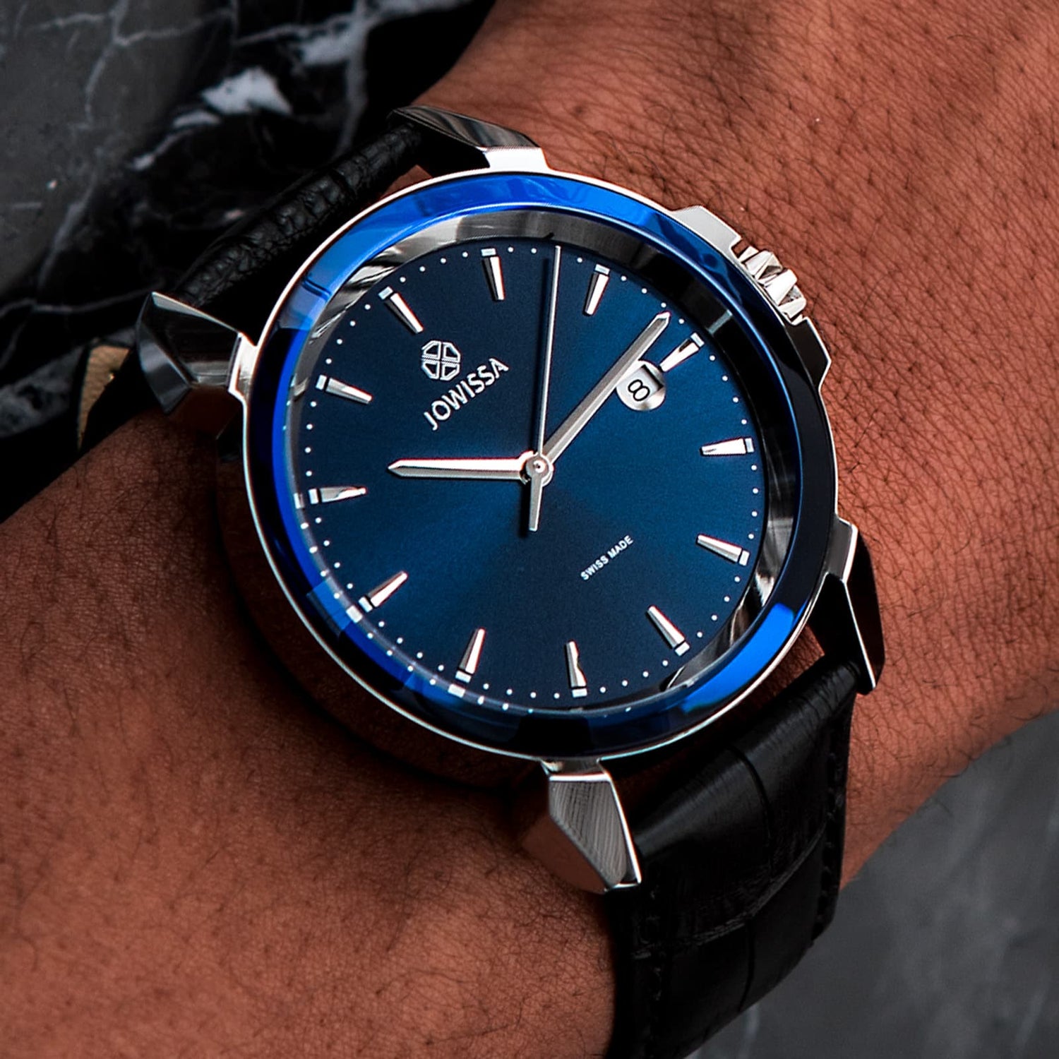 Swiss Mens Watch LeWy 3 by Jowissa with blue dial steel case and black leather band. All Swiss Made with edgy case design.