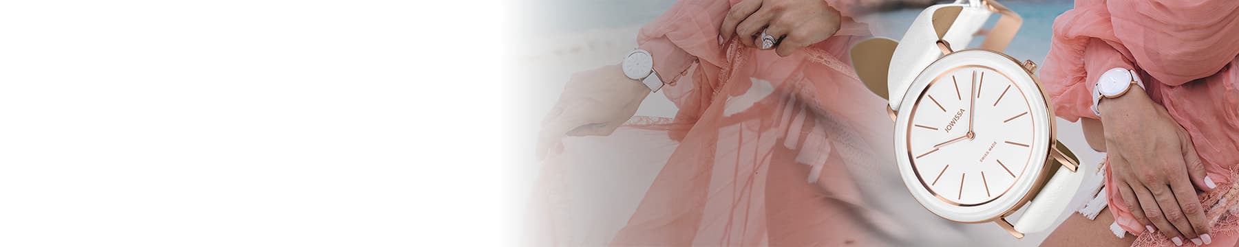 Alto Swiss Womens Watch by Jowissa. All Swiss Made minimalist design with white dial and white leather strap. The case is rose gold. Women wearing the Alto watch at the beach. Desktop image