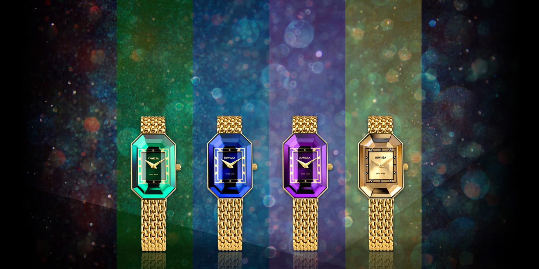 Jowissa Facet Emerald Women's Watches with Emerald Diamond cut, green blue purple and gold sunray dials. All Swiss Made. The perfect Swiss Ladies watch. Desktop version 1800x900px.