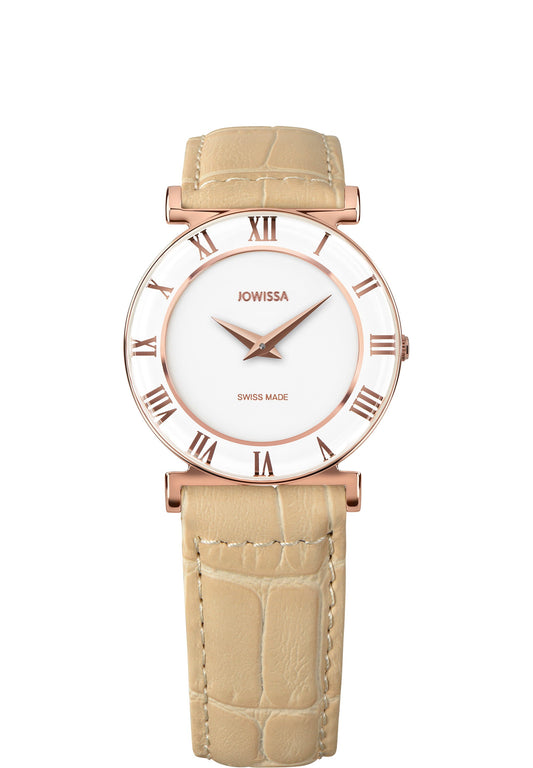 Swiss watch for women - gold watch with gold leather strap and white dial - all swiss made