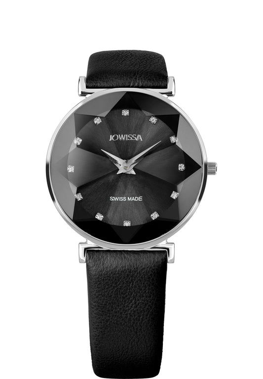 Black swiss watch for women with black leather strap and black dial with silver details in the front - all swiss made