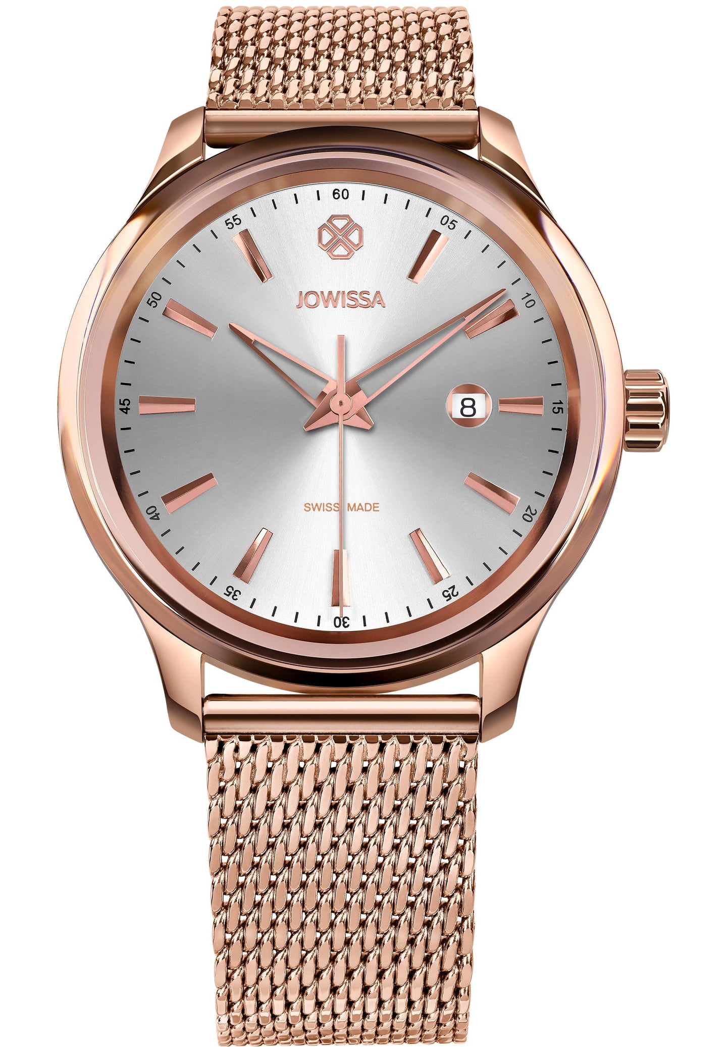 Gold watch made for women has stainless steel case, polished surface, and tempered mineral glass. it displays hours, minutes, seconds, and a date window. The watch includes a stainless steel bracelet with quick-release functionality and an engraved buckle. Made in Switzerland