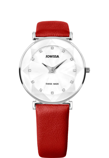 Swiss watch for women - with red leather strap and white dial - all swiss made