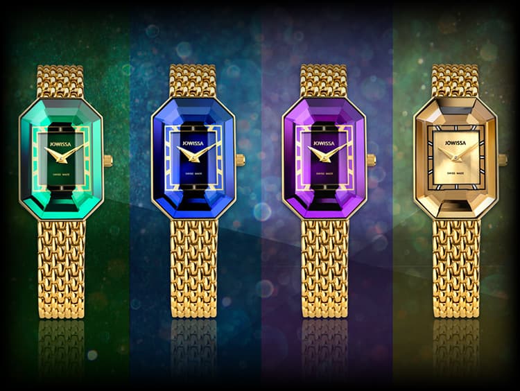 Jowissa Facet Emerald Women's Watches with Emerald Diamond cut, green blue purple and gold sunray dials. All Swiss Made. The perfect Swiss Ladies watch. Mobile version 750x500px.