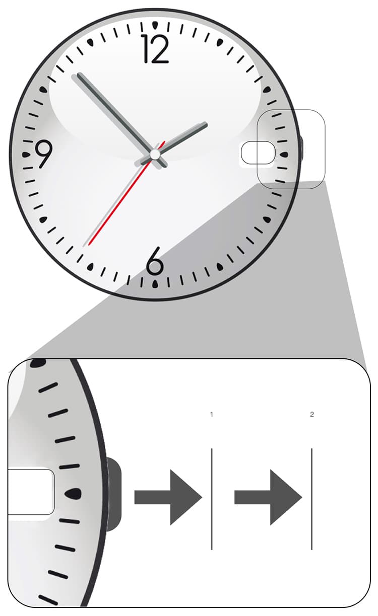 Instruction graphic on how to set the time and date on a Jowissa Swiss Made Mens watch or Swiss Ladies Watch with three hands