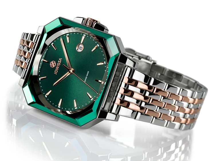 Jowissa Octa Swiss Mens Watches, Square case with green dial and bicolor bracelet. All Swiss Made for Men.