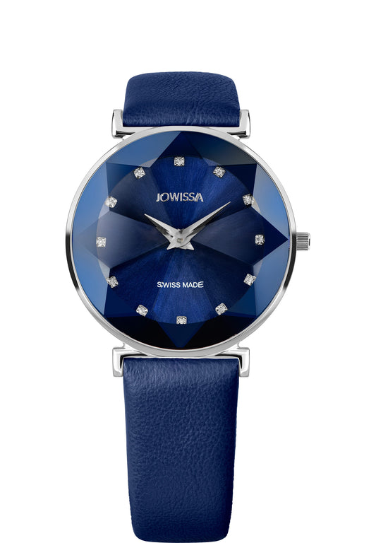 Swiss blue watch for ladies - blue watch for women with blue leather strap and blue dial with silver details - all swiss made