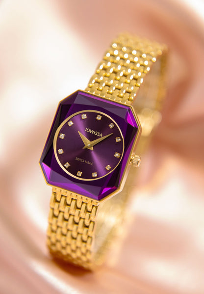 gold purple jowissa swiss made ladies watch with golden stainless steel bracelet. Modern womens fashion watch with a special rectangle form