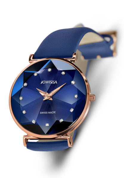 Blue watch for ladies - all swiss made for women with leather strap and gold details on the dial 