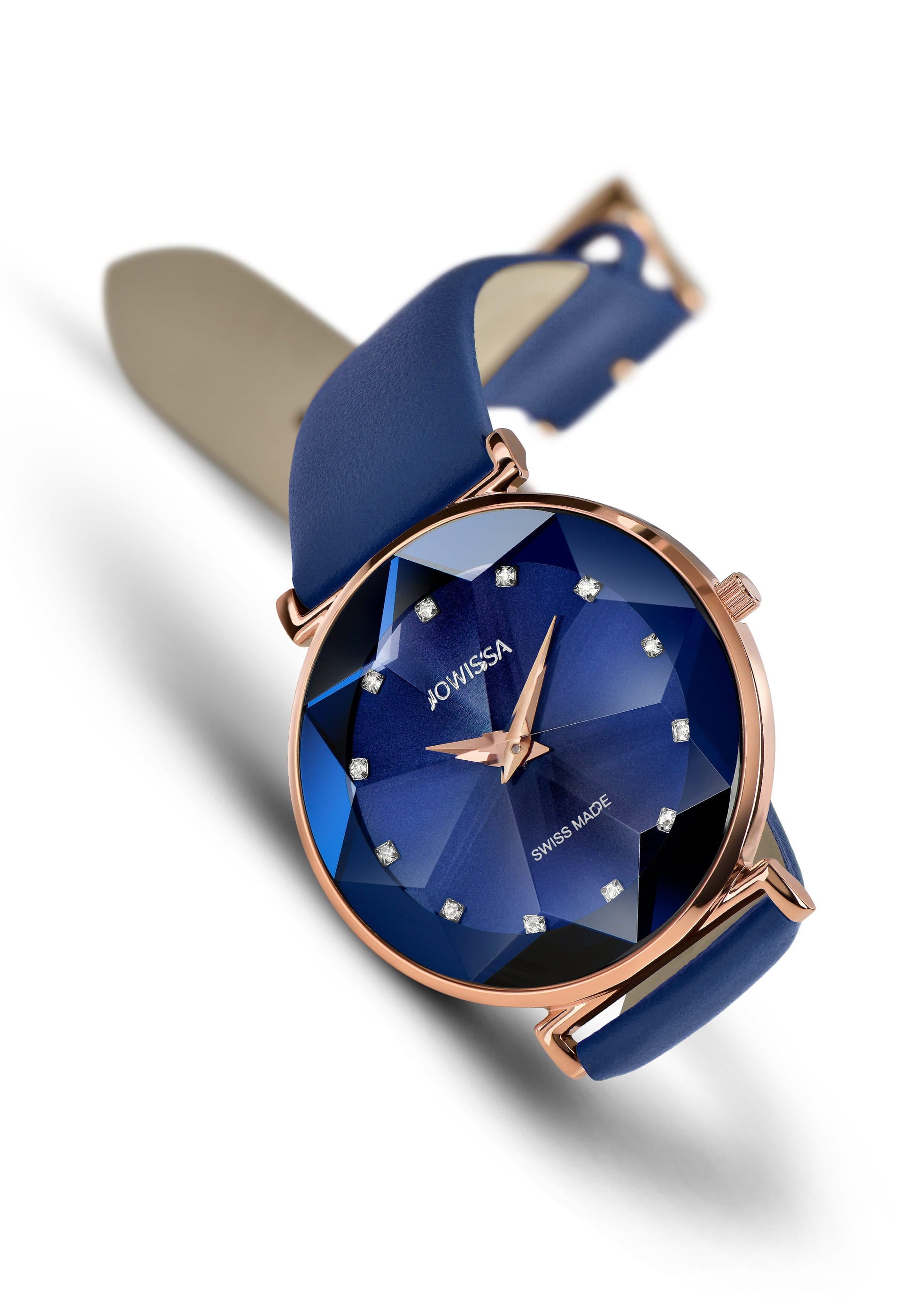 Blue watch for women - with blue leather strap and gold details on the dial - all swiss made for ladies 