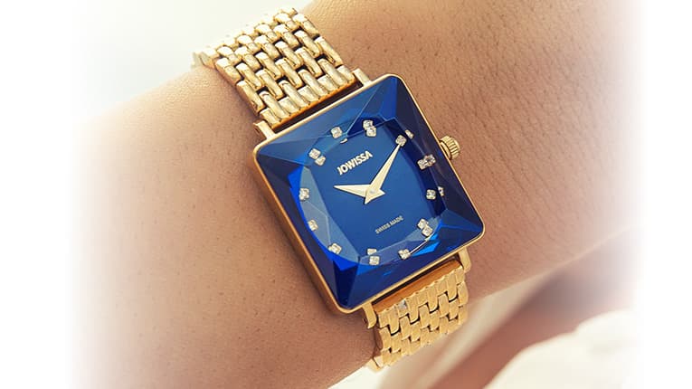 Swiss Made Square Women's Watch Facet Princess by Jowissa with blue sunray dial und blue glass, golden case and gold bracelet.
Blue Dial Watches for Ladies
Blue Colour Ladies Watch
Blue Face Ladies Watch
Blue Dial Women's Watch
Mobile Image