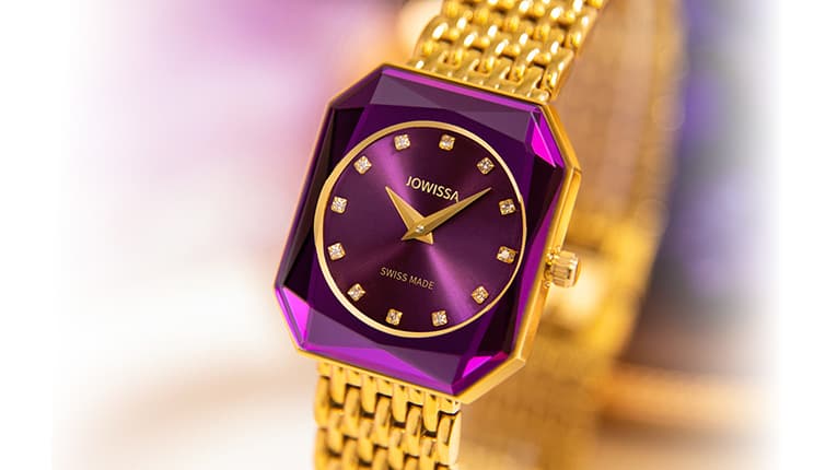 Facet Radiant Womens Watch by Jowissa. Purple Sunray Dial with golden Stainless Steel Bracelet. Mobile Banner