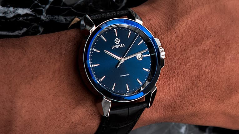 Swiss Mens Watch LeWy 3 by Jowissa with blue dial steel case and black leather band. All Swiss Made with edgy case design.