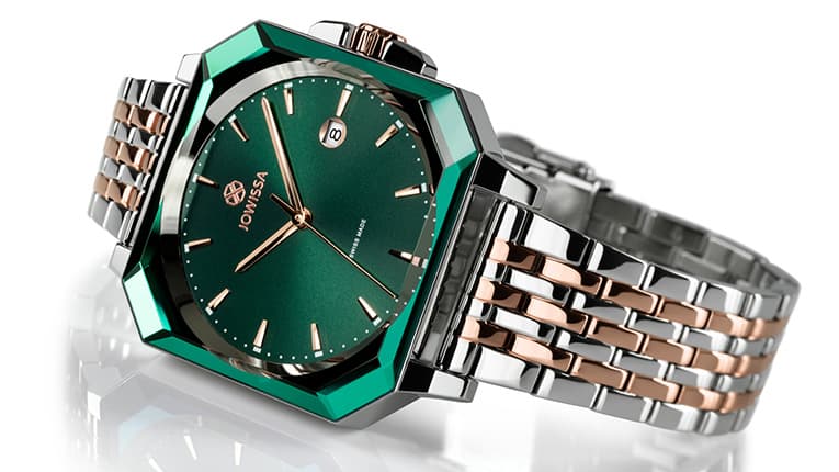 Octa 3 Mens Watch Collection by Jowissa. Swiss Made wristwatches with octagonal case shape, green sunray dial and bicolor Stainless Steel Bracelet. Mobile Banner.