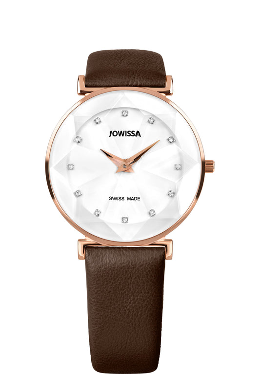 Brown swiss watch for women - with brown leather strap and white dial with gold details - all swiss made watch for ladies