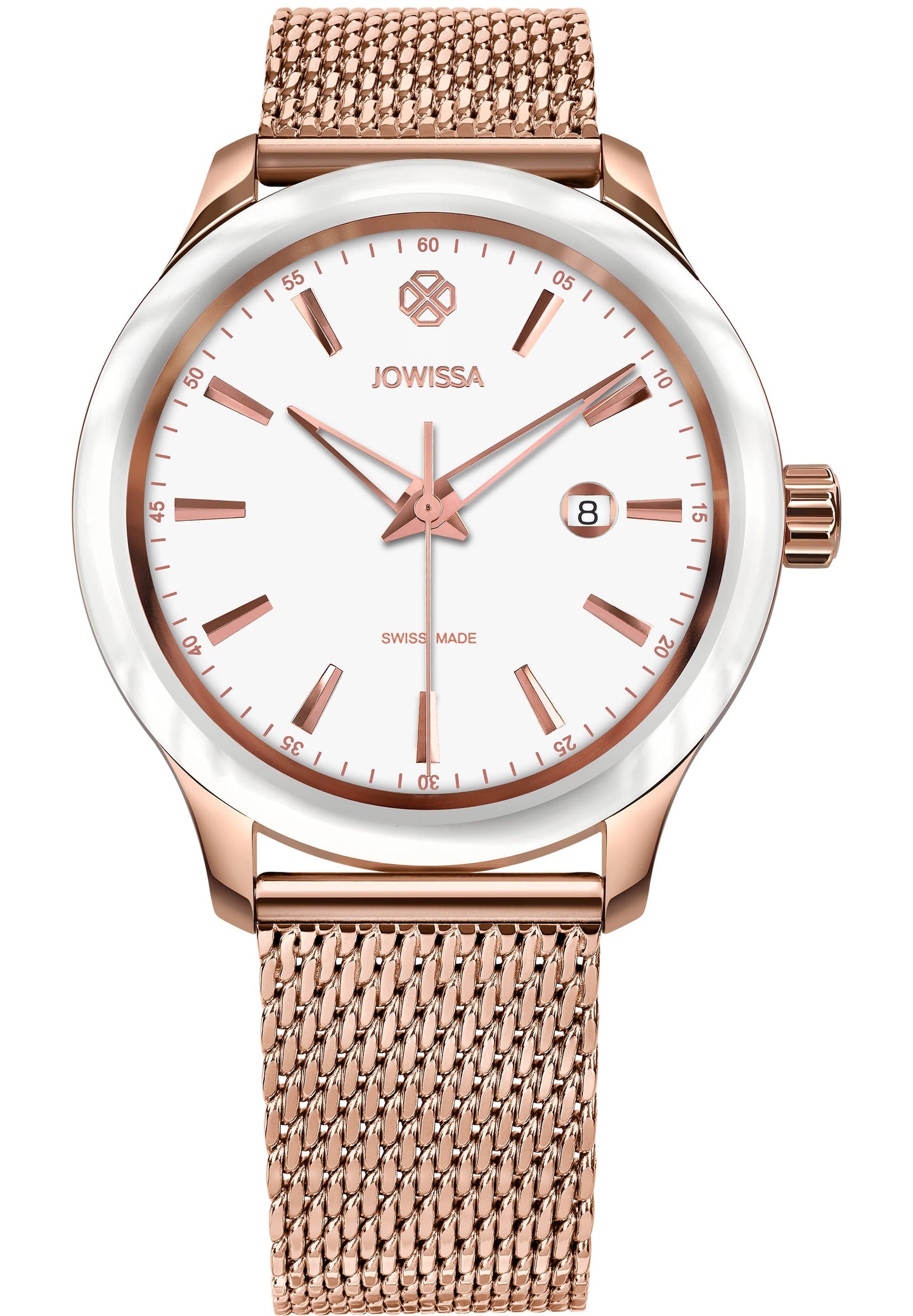 Gold watch with white details made for women. Powered by a Ronda 515 Swiss quartz movement, it displays hours, minutes, seconds, and a date window. The watch includes a stainless steel bracelet with quick-release functionality and an engraved buckle. Its water. Assembled in Switzerland.