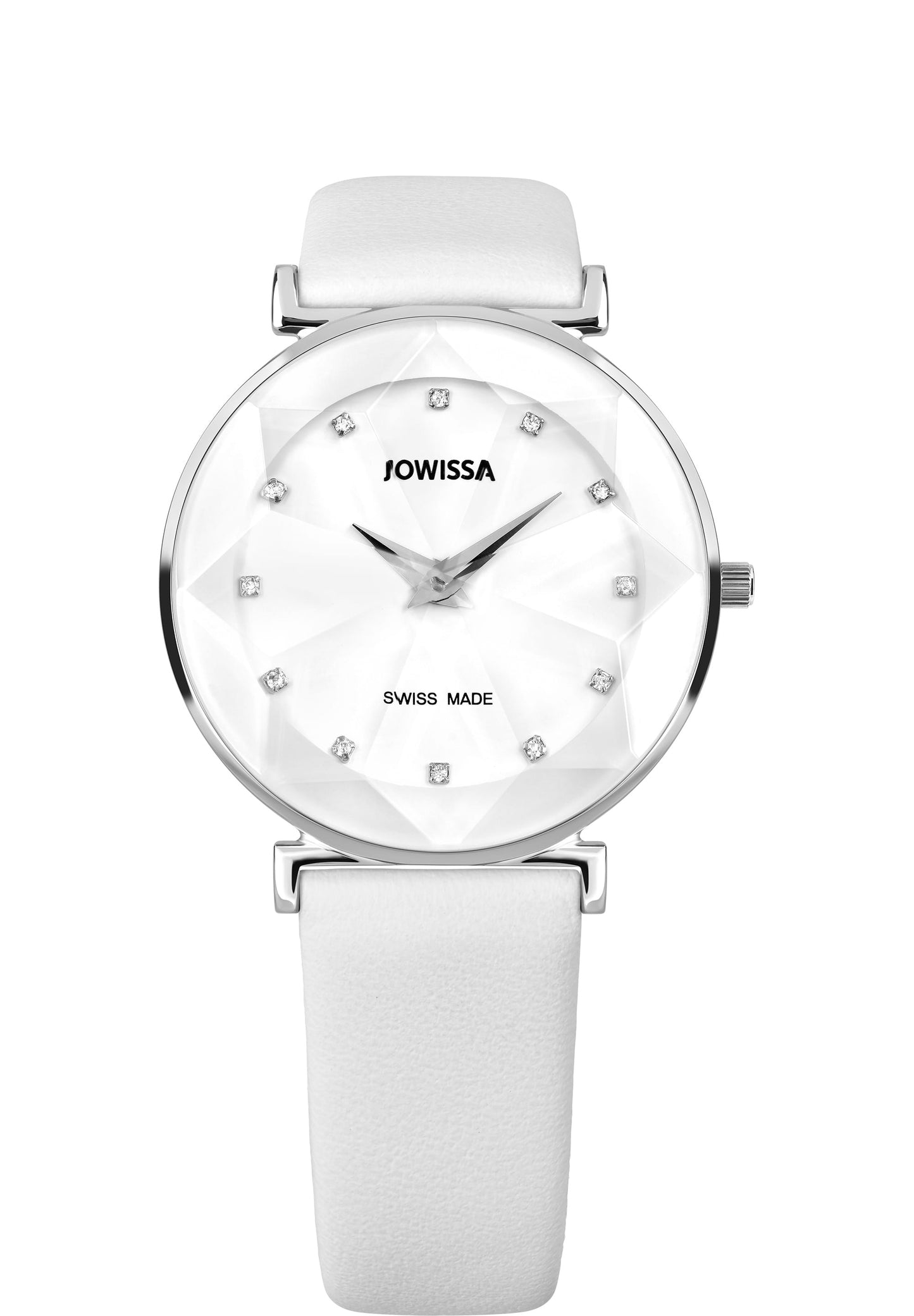 Swiss womens watch with white leather strap and silver details - all swiss made for ladies