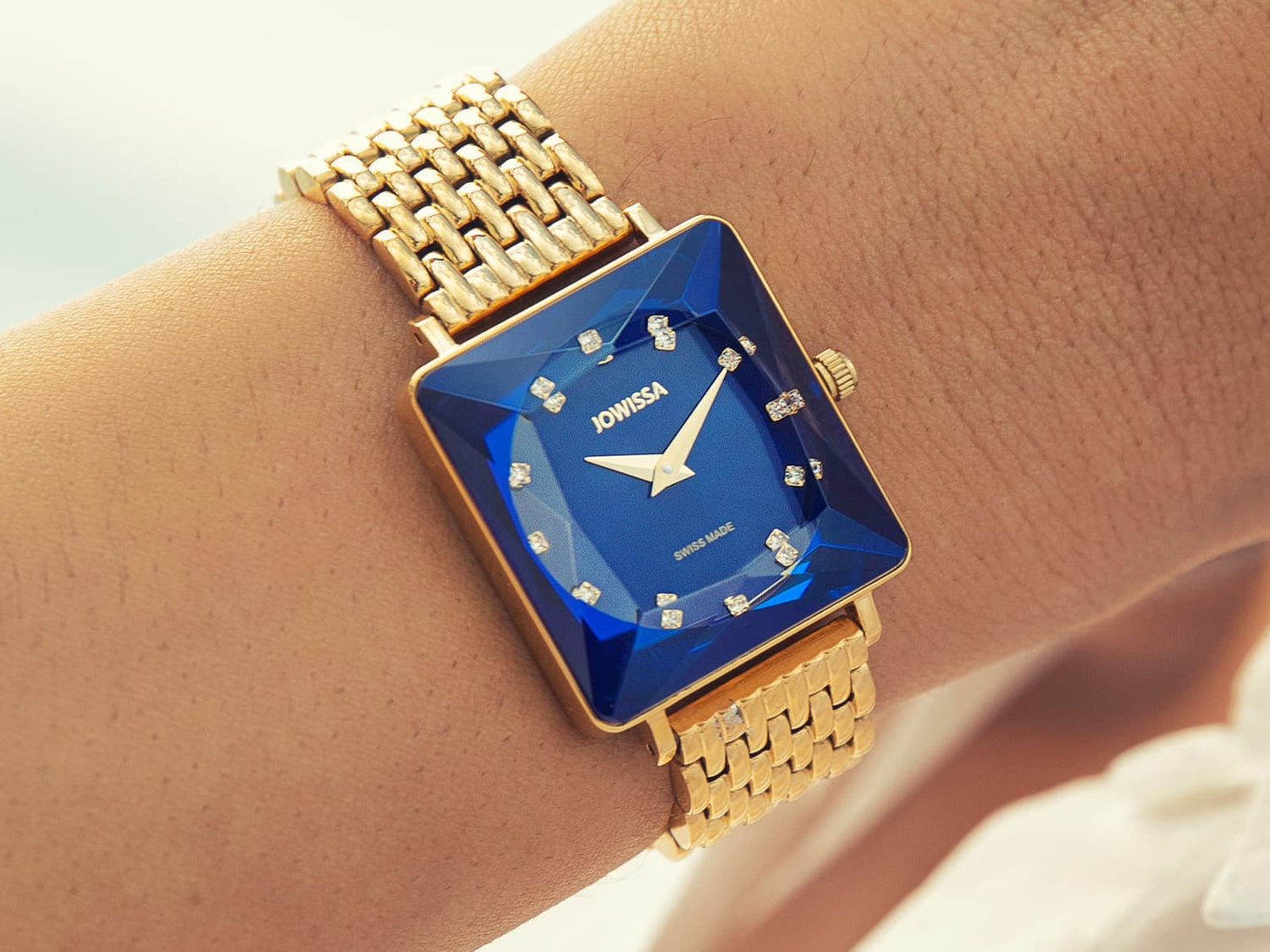 Swiss Made Square Womens Watch Facet Princess by Jowissa with blue sunray dial und blue glass, golden case and gold bracelet