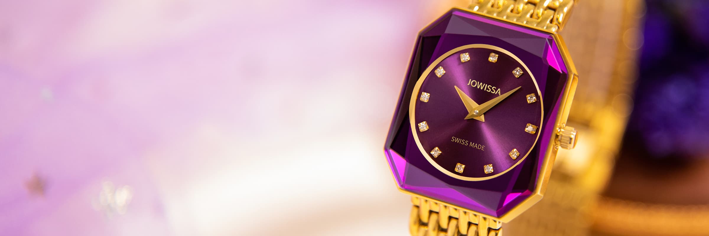 Facet Radiant Womens Watch by Jowissa. Purple Sunray Dial with golden Stainless Steel Bracelet. Desktop Banner