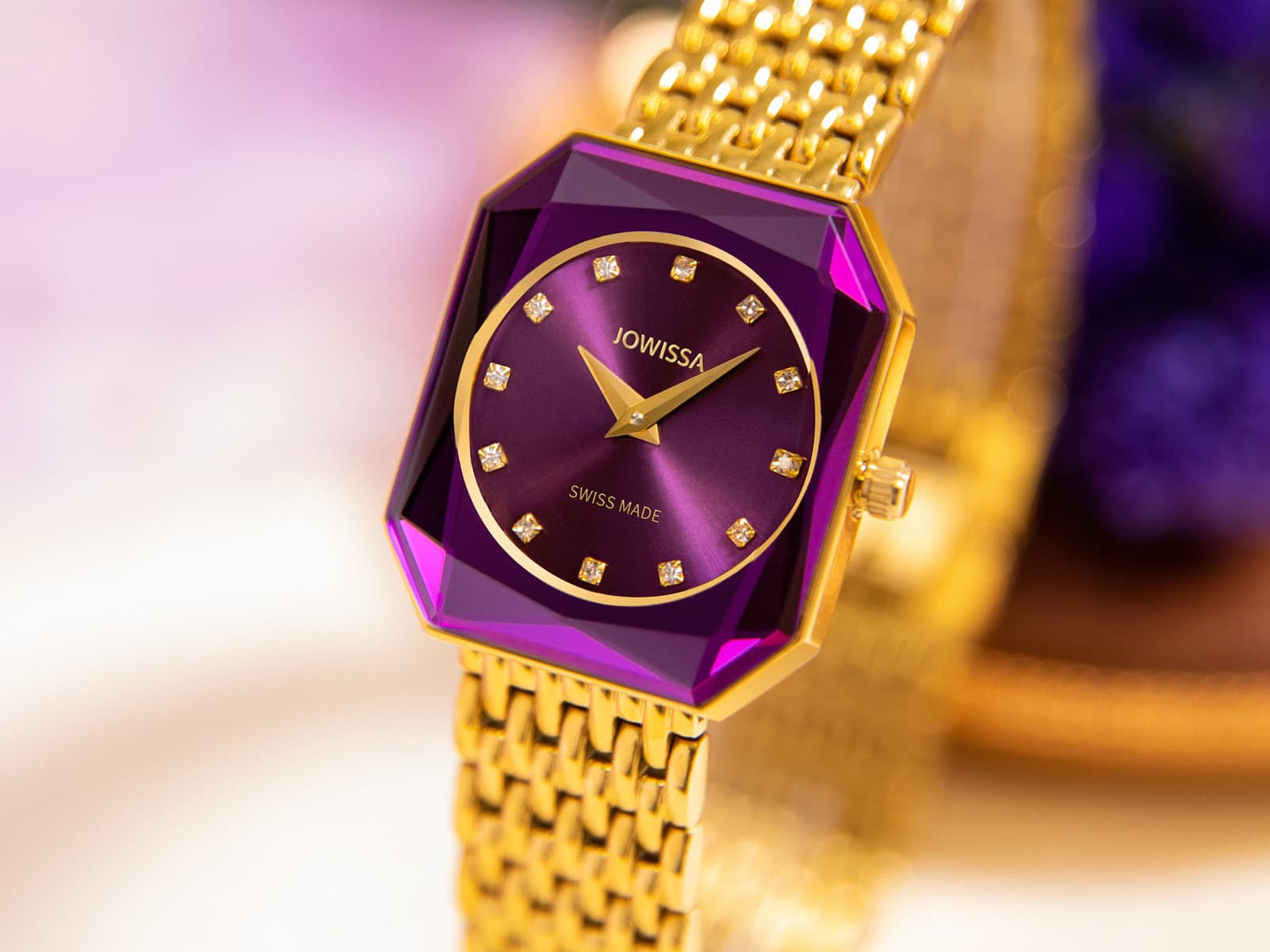 Facet Radiant Womens Watch by Jowissa. Purple Sunray Dial with golden Stainless Steel Bracelet. Mobile Banner