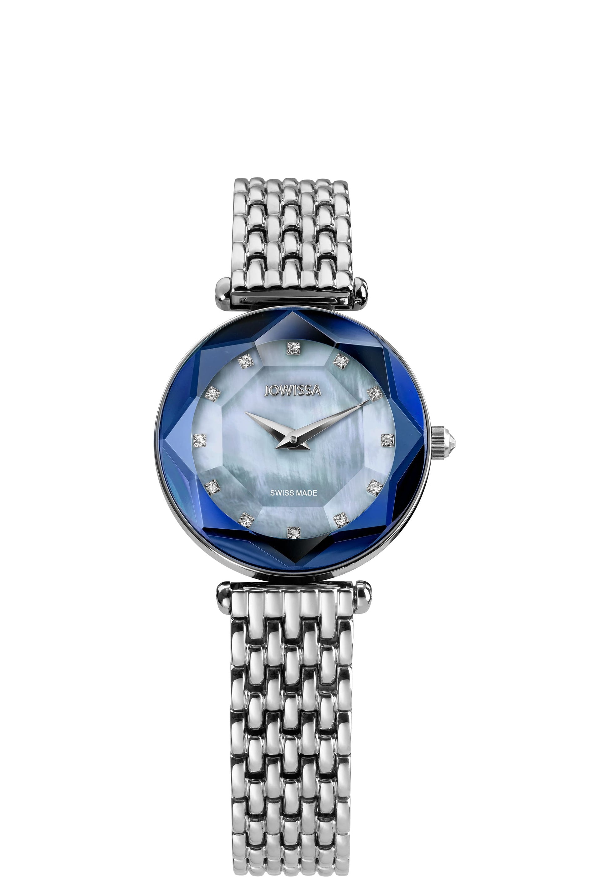 Swiss womens watch with silver strap and blue dial - all swiss made watch for women