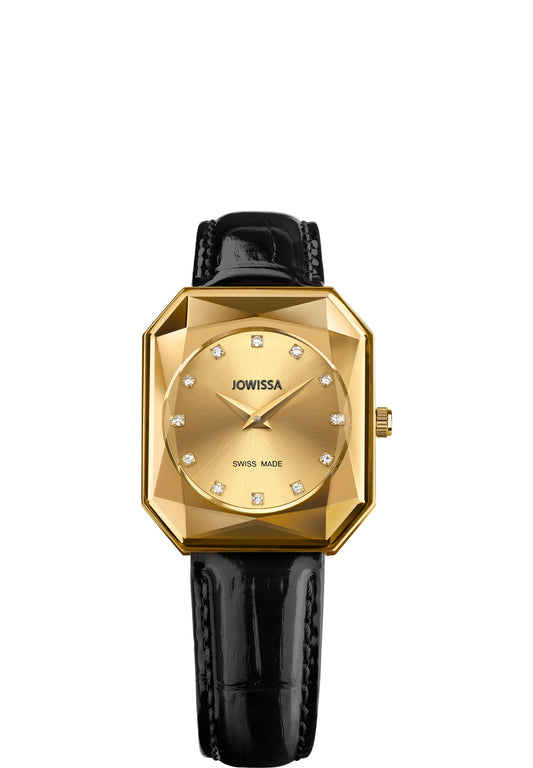 Womens swiss watch with black leather strap and gold dial - all swiss made watch for ladies