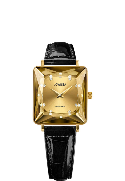 Swiss womens watch - facet princess watch for ladies with black leather strap and gold faceted dial - all swiss made for women