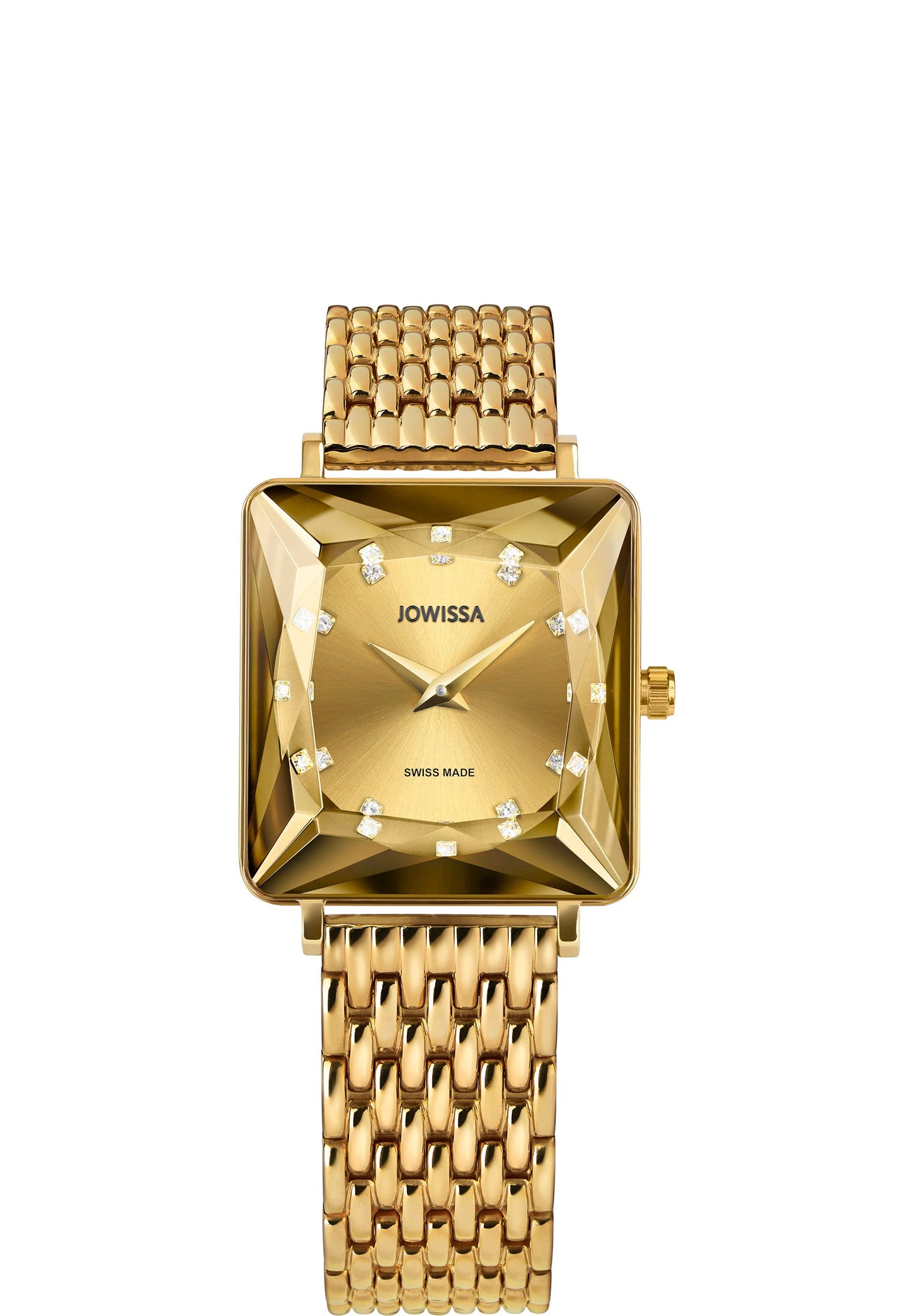 Swiss ladies watch - with gold strap gold dial and faceted glass - all swiss made for women watch