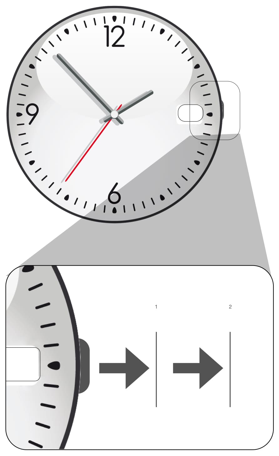 Instruction graphic on how to set the time and date on a Jowissa three hand watch