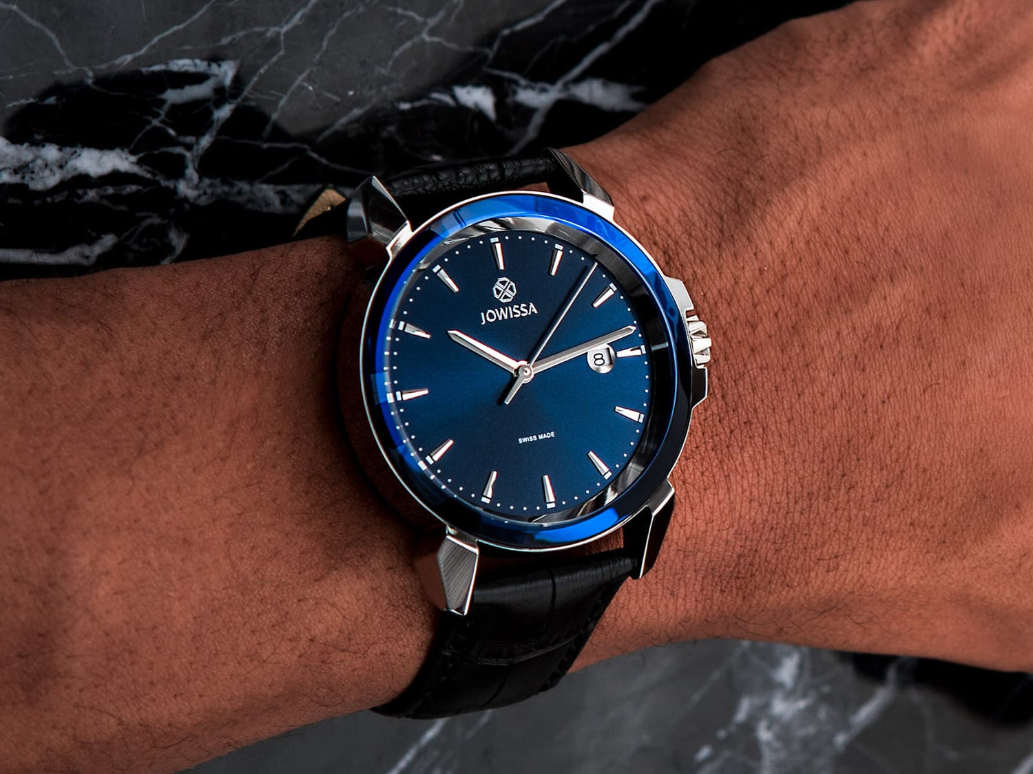 Swiss Mens Watch LeWy 3 by Jowissa with blue dial steel case and black leather band. All Swiss Made with edgy case design.