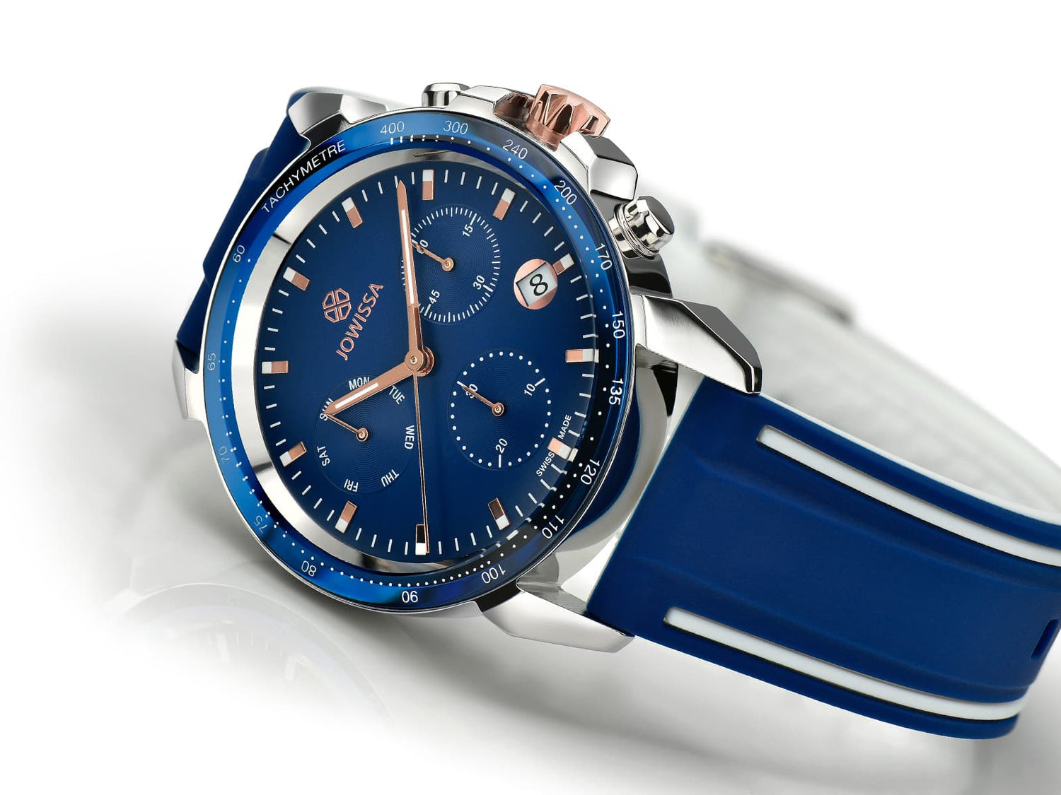 Swiss Chronograph for Men by Jowissa - LeWy 9 Collection with blue dial, tachymeter and sapphire crystal. Mobile