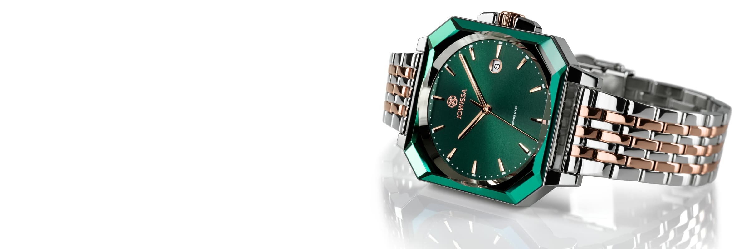 Octa 3 Mens Watch Collection by Jowissa. Swiss Made wristwatches with octagonal case shape, green sunray dial and bicolor Stainless Steel Bracelet. Desktop Banner.