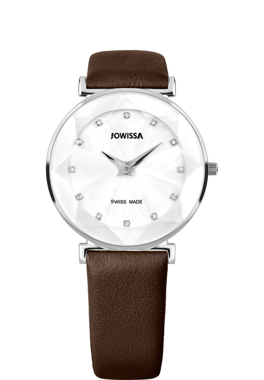 All swiss made watch for women - brown watch with brown leather strap and white dial with silver details 