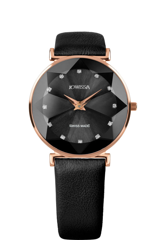 Black swiss watch for ladies - with black leather strap and gold details on the dial - all swiss made watch for women