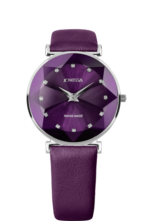 Purple swiss watch for ladies - with purple leather strap and purple dial with silver details - all swiss made watch