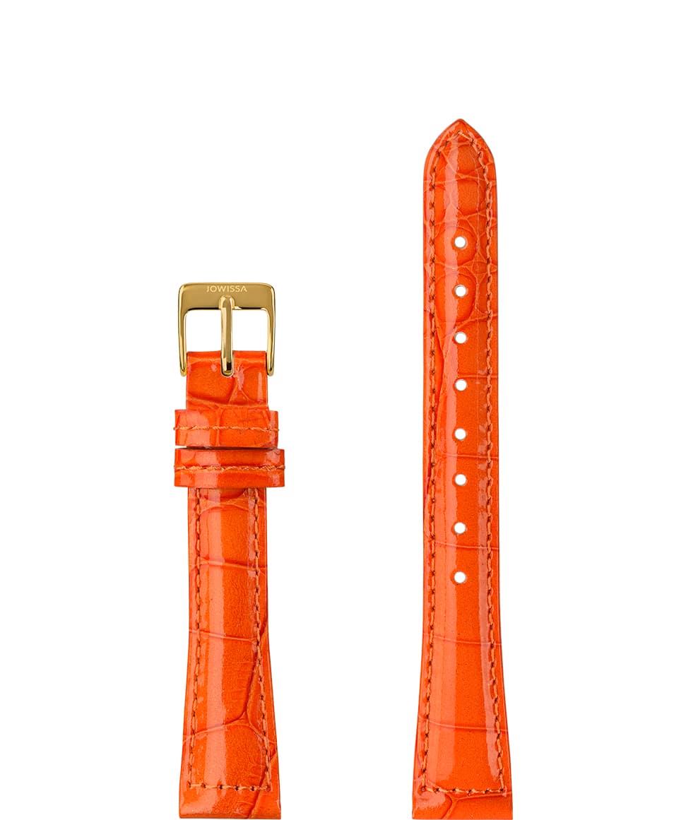 Front View of 15mm Orange / Gold Glossy Croco Watch Strap E3.1469.M by Jowissa