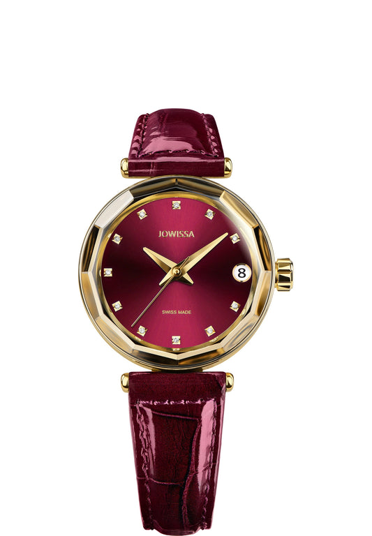 This elegant womens automatic watch features a chic burgundy dial and a glossy alligator-embossed leather strap. With a gold-plated stainless steel case, the design includes 11 diamond indices, a date window, and a multi-faceted crystal for a luxurious finish. The sapphire crystal back beautifully displays the Swiss automatic movement. The watch is made in switzerland