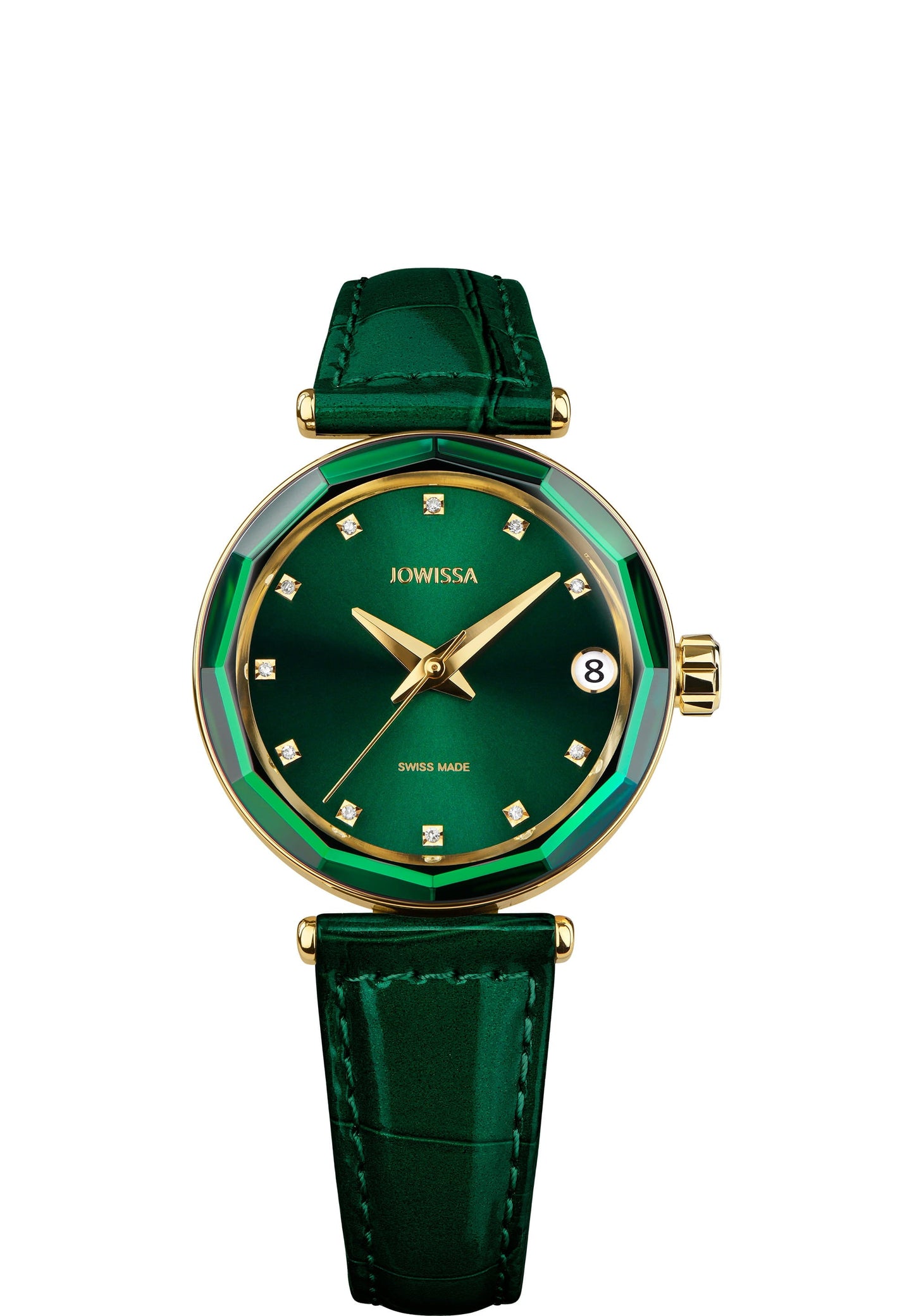 This women’s automatic watch features a vibrant emerald-green dial and a glossy alligator-embossed leather strap. With its 30.5mm gold-plated stainless steel case, the watch radiates elegance, enhanced by 11 diamond indices and a date window. The scratch-resistant sapphire crystal and sapphire crystal back allow you to admire the detailed movement. Water-resistant to 5 ATM, it’s perfect for daily wear.