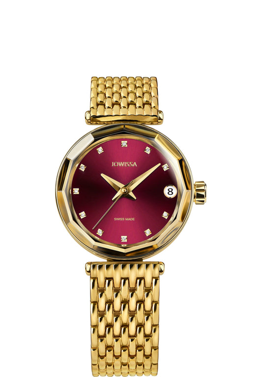 J1.283.M stylish womens gold watch featuring a stainless steel case with gold plating and a burgundy sunray dial. It showcases 11 diamond hour markers, a date window, and a scratch-resistant sapphire crystal with a diamond-cut bezel. 
Water-resistant and all made in switzerland