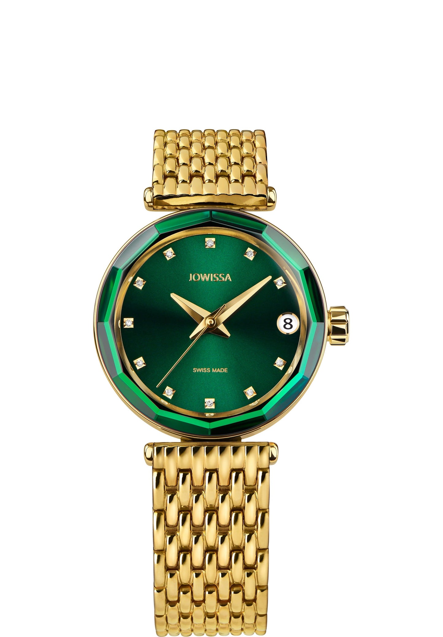 Safira 12 Swiss Automatic Watch J1.284.M is a stunning womens watch with a gold-plated stainless steel case and a green sunray dial. It has 11 diamond hour markers, a date window, and scratch-resistant sapphire crystal. All made in swiss