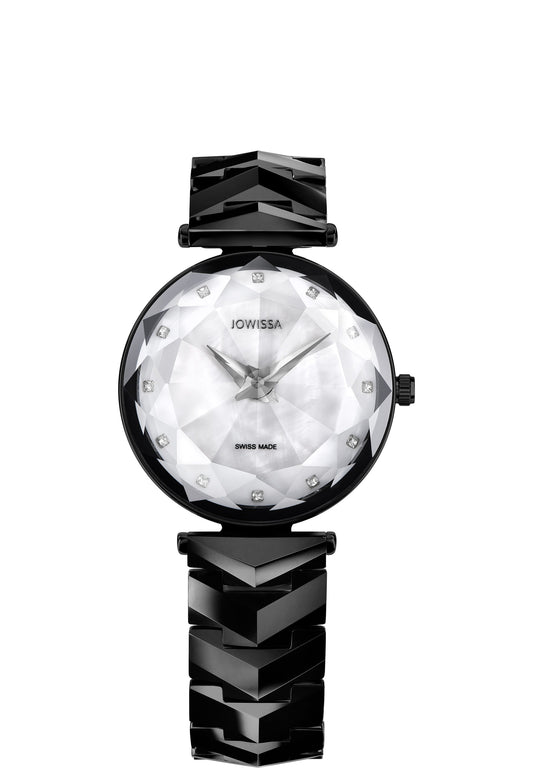 Black swiss watch for ladies - with black strap and white dial - has silver details in the front  - all swiss made watch