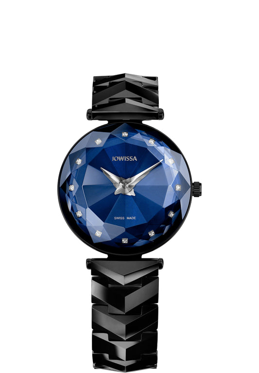 Black swiss watch for ladies - with black strap and blue dial and silver details in the front - all swiss made watch