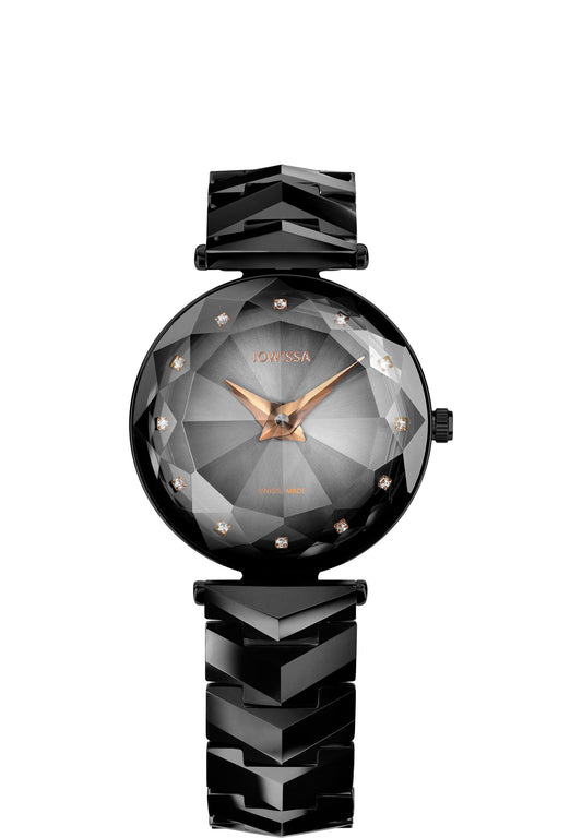 Black Saphire watch for ladies - swiss watch for women with black strap and gold details in the front