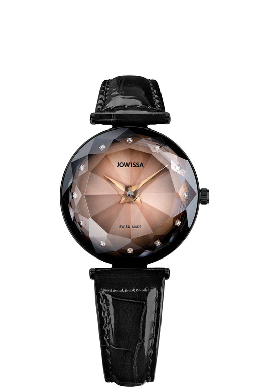 Black watch for ladies made in swiss - with black leather strap and orange dial with black details 