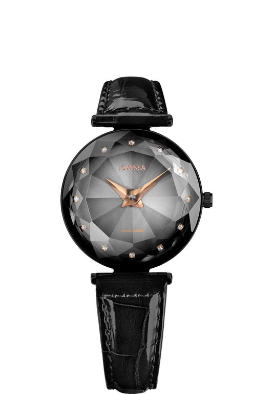 Black swiss watch for ladies- all swiss made with black leather strap and black dial 