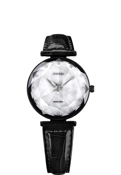 Black swiss watch for men and women - all swiss made with black leather strap and white dial 