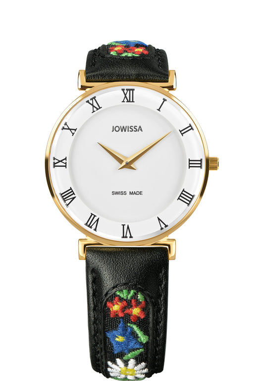 Roma swiss watch with flowers - swiss made for ladies with black leather strap and white dial with gold details for women