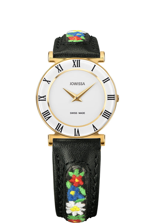 J2.024.M swiss jowissa watch for ladies - the watch has a black strap with details of flowers and white dial with gold details - all swiss made watch for women