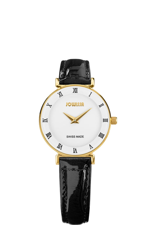 J2.028.S black watch for women with leather strap and white dial - has gold details in the front - all swiss made watch