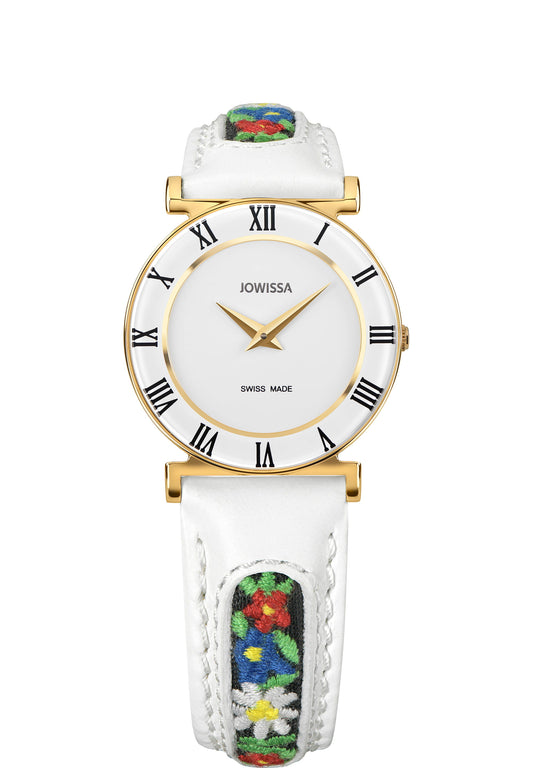 J2.035.M Front View of Swiss Womens Watch Roma Ethno with edelweiss and alpine mountain rose stiching